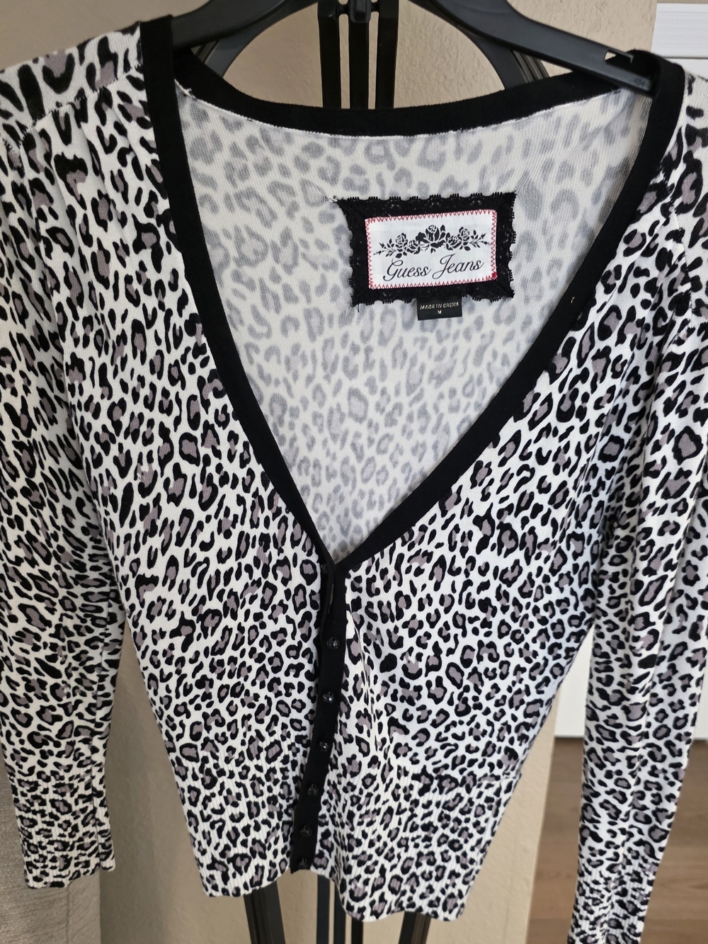 Guess by Marciano Black and White Leopard-Print Button Front Cardigan